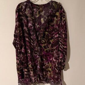 Multiples Vibrant Purple and Green Blouse with cheetah print snap hidden buttons